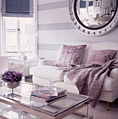 Contemporary living room with lilac purple and neutral decor