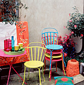 Patio garden with colourful garden furniture and home wares