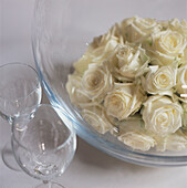 Flower display on a white tabletop