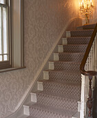 neutral coloured carpeted staircase and matching decor