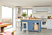 Open plan kitchen in new build on Isle of Wight with view to Freshwater Bay UK