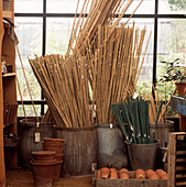 Display of garden tools and pots in greenhouse