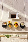 Close-up view of sushi set on table