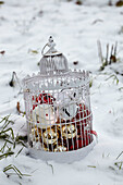 White decorative birdcage filled with christmas decorations on a snowy ground