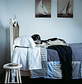 Hund liegt auf einem Einzelbett mit Patchworkdecke unter einem Segelkunstwerk in einem Haus in London, UK
