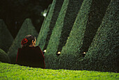 Lady in red next to topiary hedge