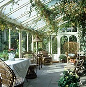 Interior of glass house in garden