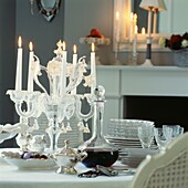 Dining table set with decanter and crystal candelabra