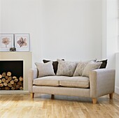 Two seater sofa with cushions beside contemporary fire surround with artwork and firewood