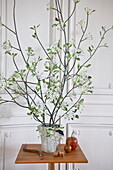 White blossom with apple ornaments on wooden side table in Bordeaux apartment,  Aquitaine,  France