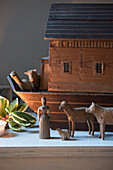 Carved wooden nativity figures and Noah's ark in North London Victorian house  England  UK