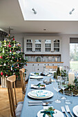 Christmas tree in dining room with skylight  in Grade II Listed priory  Headcorn  Kent  UK