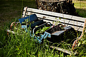 Planted toolbox on garden bench,  Brabourne,  Kent,  UK
