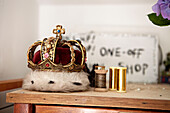 Costume crown and gold thread in work studio of Faversham home,  Kent,  UK