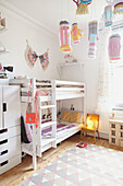 Assorted lanterns and bunk bed in child's room of Sheffield home  Yorkshire  UK