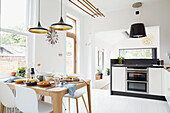Bright  light split-level garden room in kitchen of modernised Preston home  Lancashire  England  UK