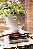 Succulent plants in novelty pot with books in East London townhouse  England  UK