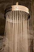 Close up of shower head with water running