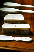 Collection of ivory hair brushes on mahogany dressing table