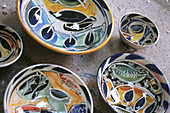 Display of modern pottery bowls
