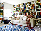 Patterned rug in library with sofa and a wall of books