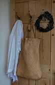 Coat hooks on wooden door