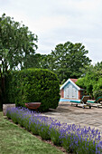 Sonnenliegen am Pool und duftender Lavendel mit Grill im Garten eines Hauses in Canterbury, England, UK