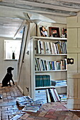 Hund sitzt in gemauerter Eingangshalle mit Bücherregal in einem Bauernhaus in Suffolk, England, UK