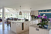 Orchids in open plan kitchen with conservatory living room in contemporary Suffolk country house, England, UK