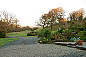 Morning light over rural garden with gravel drive in Sherford Devon UK