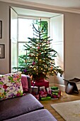Christmas presents under tree in window of Penzance family home Cornwall England UK