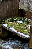 Lit tealights and moss-covered wooden bench seat in London garden England UK