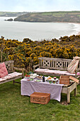 Picnic table and bench seats with gorse (Ulex) on hillside with view of cove in Cornwall England UK