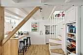 Structiral beam in open plan kitchen of family townhouse Cornwall England UK