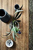Single stem flower in glass with vintage ceramics on table in Lyme Regis home Dorset UK