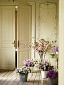 Buckets of cut flowers in room with double doors