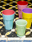 Assorted glassware on geometric tiling Morocco North Africa