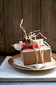 Gift wrapped in brown paper with string and robin ornament