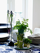 Cress parsley and asparagus shoots with plates and candlesticks on table