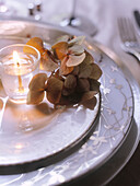 Beleuchtete Kerze mit Hortensie auf dekorativem Teller