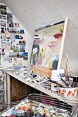 Artists studio with acrylic canvas and postcards in Tenterden, Kent, England, UK