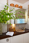 Mirrored cabinet with leaf arrangement at wash basin in Wandsworth home London England UK