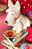 Dog ornament and vintage books in Tenterden home Kent UK