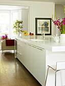 Framed artwork and white kitchen island with fitted sink in London home, UK