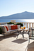 Outdoor furniture on terrace of holiday villa, Republic of Turkey