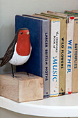 Robin book-end with reference books on nature and the weather in Surrey home, England, UK