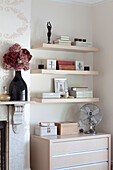 Storage boxes and vintage fan on shelving in contemporary London home with pink flowers on mantlepiece, UK