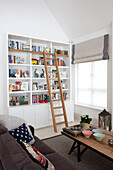 Bookcase storage with access ladder in living room detail of contemporary Surrey country home England UK