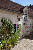 Flowering plants at entrance to sunlit exterior of French farmhouse in the Loire France