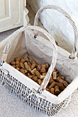 Collection of corks in lined basket West Mailing home Kent England UK